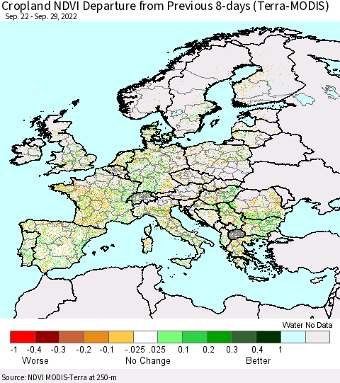 Europe Cropland NDVI Departure from Previous 8-days (Terra-MODIS) Thematic Map For 9/22/2022 - 9/29/2022