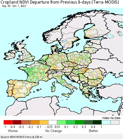 Europe Cropland NDVI Departure from Previous 8-days (Terra-MODIS) Thematic Map For 9/30/2022 - 10/7/2022