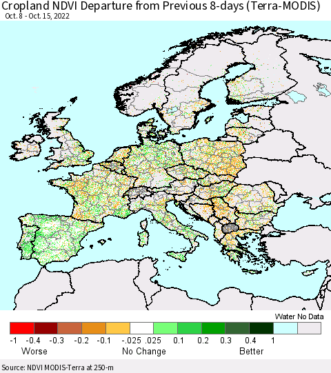 Europe Cropland NDVI Departure from Previous 8-days (Terra-MODIS) Thematic Map For 10/8/2022 - 10/15/2022