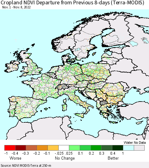 Europe Cropland NDVI Departure from Previous 8-days (Terra-MODIS) Thematic Map For 11/1/2022 - 11/8/2022