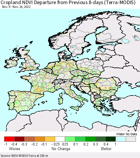 Europe Cropland NDVI Departure from Previous 8-days (Terra-MODIS) Thematic Map For 11/9/2022 - 11/16/2022