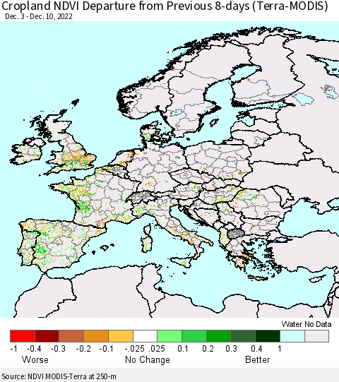 Europe Cropland NDVI Departure from Previous 8-days (Terra-MODIS) Thematic Map For 12/3/2022 - 12/10/2022