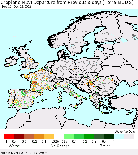 Europe Cropland NDVI Departure from Previous 8-days (Terra-MODIS) Thematic Map For 12/11/2022 - 12/18/2022