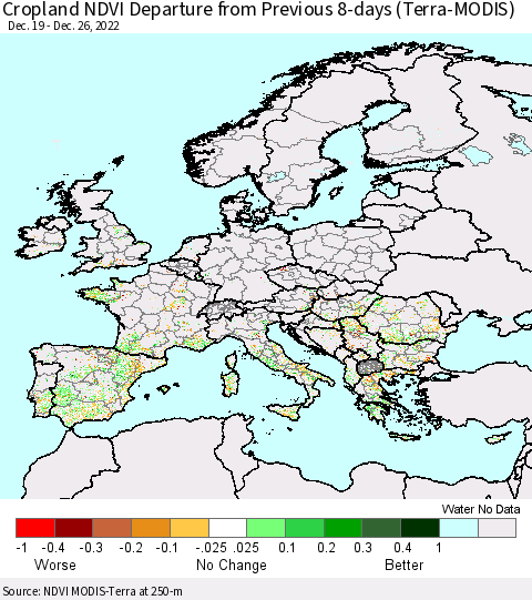 Europe Cropland NDVI Departure from Previous 8-days (Terra-MODIS) Thematic Map For 12/19/2022 - 12/26/2022