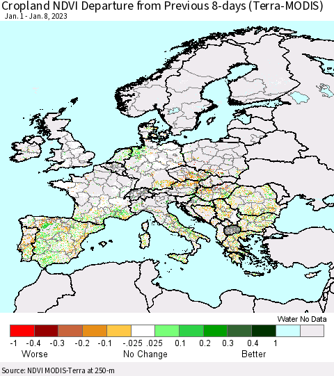 Europe Cropland NDVI Departure from Previous 8-days (Terra-MODIS) Thematic Map For 1/1/2023 - 1/8/2023