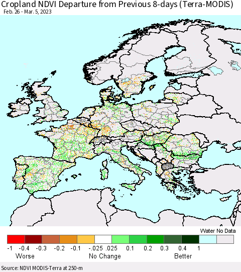 Europe Cropland NDVI Departure from Previous 8-days (Terra-MODIS) Thematic Map For 2/26/2023 - 3/5/2023