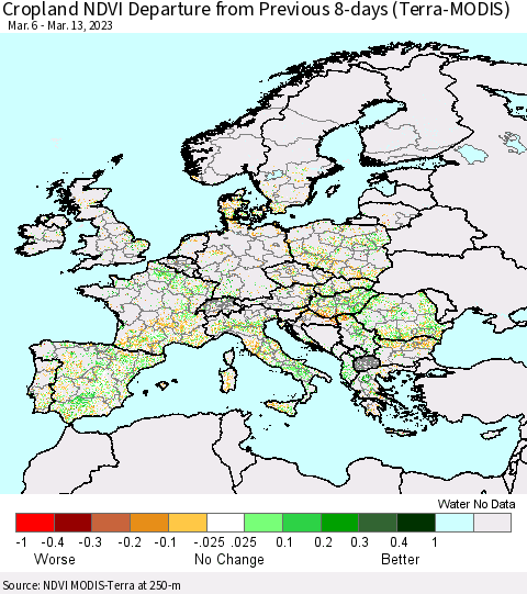 Europe Cropland NDVI Departure from Previous 8-days (Terra-MODIS) Thematic Map For 3/6/2023 - 3/13/2023