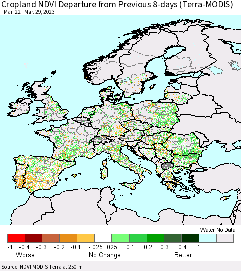 Europe Cropland NDVI Departure from Previous 8-days (Terra-MODIS) Thematic Map For 3/22/2023 - 3/29/2023