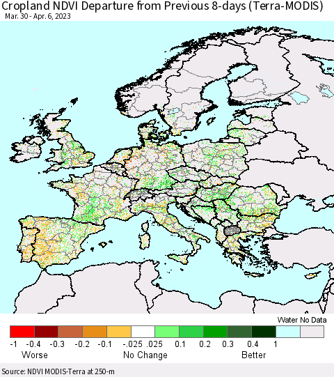 Europe Cropland NDVI Departure from Previous 8-days (Terra-MODIS) Thematic Map For 3/30/2023 - 4/6/2023