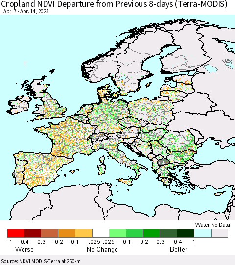 Europe Cropland NDVI Departure from Previous 8-days (Terra-MODIS) Thematic Map For 4/7/2023 - 4/14/2023