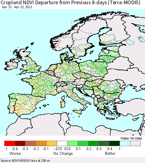 Europe Cropland NDVI Departure from Previous 8-days (Terra-MODIS) Thematic Map For 4/15/2023 - 4/22/2023