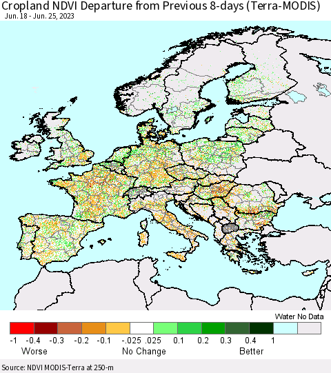Europe Cropland NDVI Departure from Previous 8-days (Terra-MODIS) Thematic Map For 6/18/2023 - 6/25/2023