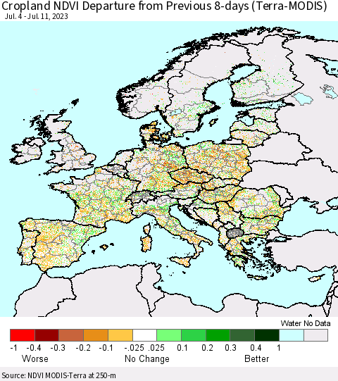 Europe Cropland NDVI Departure from Previous 8-days (Terra-MODIS) Thematic Map For 7/4/2023 - 7/11/2023