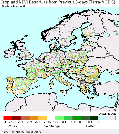 Europe Cropland NDVI Departure from Previous 8-days (Terra-MODIS) Thematic Map For 7/20/2023 - 7/27/2023