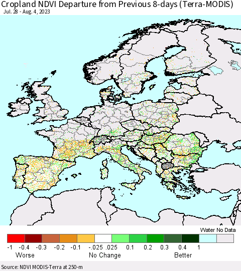 Europe Cropland NDVI Departure from Previous 8-days (Terra-MODIS) Thematic Map For 7/28/2023 - 8/4/2023