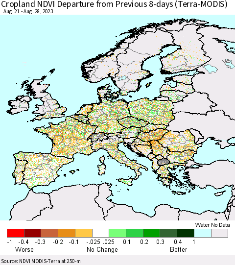 Europe Cropland NDVI Departure from Previous 8-days (Terra-MODIS) Thematic Map For 8/21/2023 - 8/28/2023