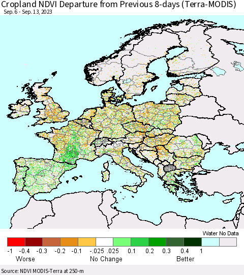 Europe Cropland NDVI Departure from Previous 8-days (Terra-MODIS) Thematic Map For 9/6/2023 - 9/13/2023