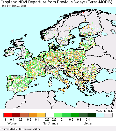 Europe Cropland NDVI Departure from Previous 8-days (Terra-MODIS) Thematic Map For 9/14/2023 - 9/21/2023
