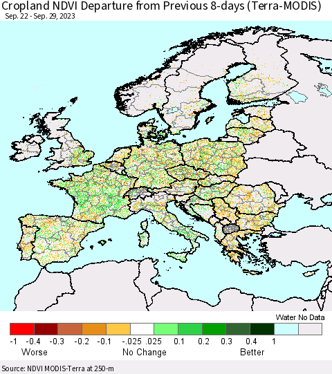 Europe Cropland NDVI Departure from Previous 8-days (Terra-MODIS) Thematic Map For 9/22/2023 - 9/29/2023