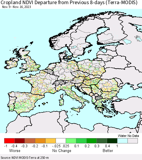 Europe Cropland NDVI Departure from Previous 8-days (Terra-MODIS) Thematic Map For 11/9/2023 - 11/16/2023