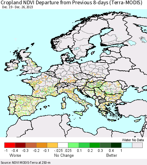 Europe Cropland NDVI Departure from Previous 8-days (Terra-MODIS) Thematic Map For 12/19/2023 - 12/26/2023