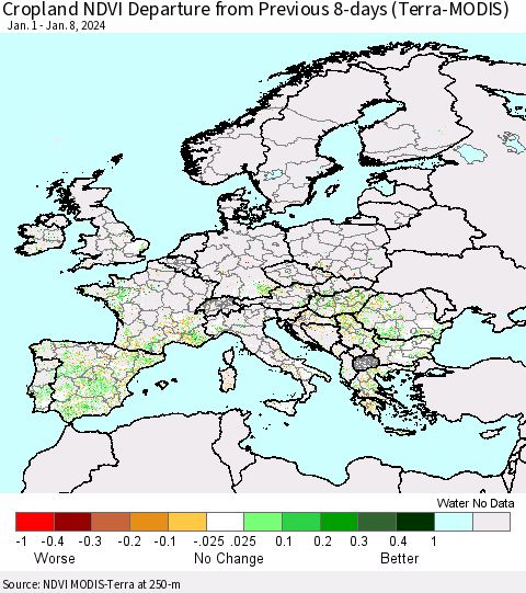 Europe Cropland NDVI Departure from Previous 8-days (Terra-MODIS) Thematic Map For 1/1/2024 - 1/8/2024