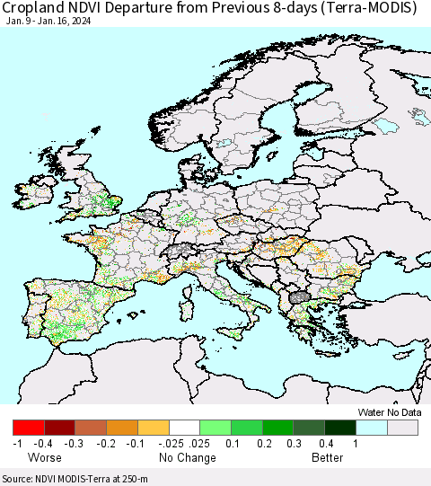 Europe Cropland NDVI Departure from Previous 8-days (Terra-MODIS) Thematic Map For 1/9/2024 - 1/16/2024
