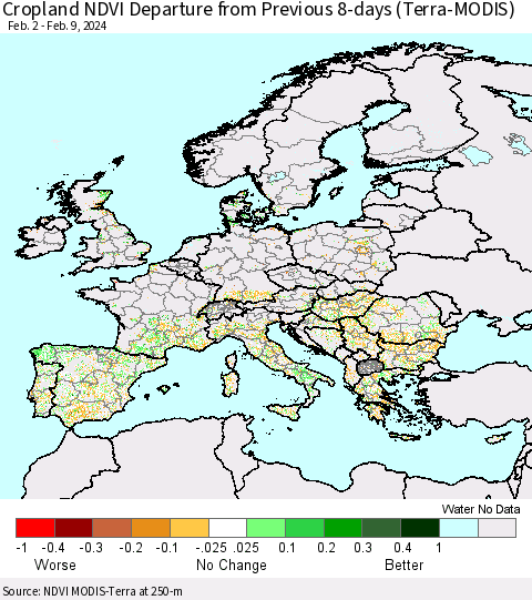 Europe Cropland NDVI Departure from Previous 8-days (Terra-MODIS) Thematic Map For 2/2/2024 - 2/9/2024