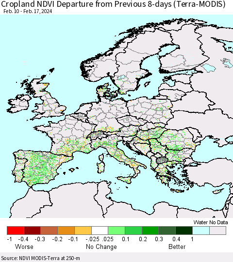 Europe Cropland NDVI Departure from Previous 8-days (Terra-MODIS) Thematic Map For 2/10/2024 - 2/17/2024