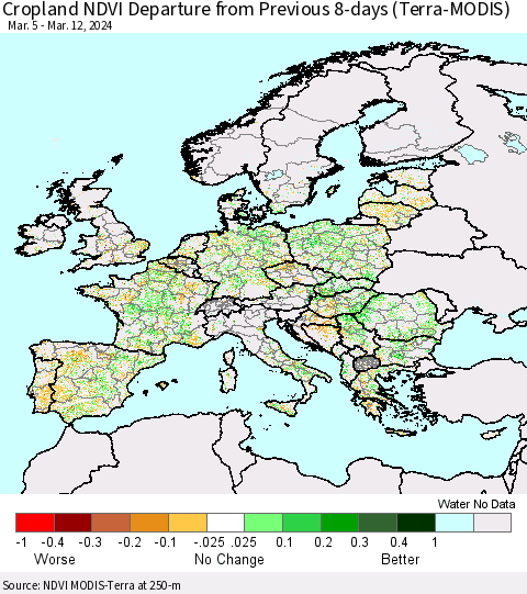 Europe Cropland NDVI Departure from Previous 8-days (Terra-MODIS) Thematic Map For 3/5/2024 - 3/12/2024