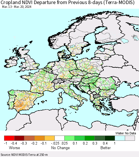 Europe Cropland NDVI Departure from Previous 8-days (Terra-MODIS) Thematic Map For 3/13/2024 - 3/20/2024