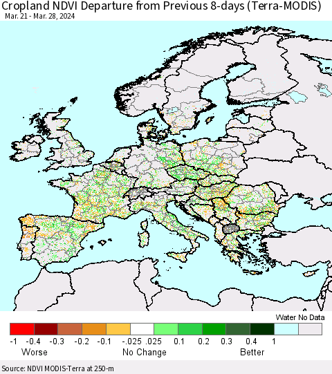 Europe Cropland NDVI Departure from Previous 8-days (Terra-MODIS) Thematic Map For 3/21/2024 - 3/28/2024