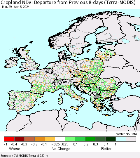 Europe Cropland NDVI Departure from Previous 8-days (Terra-MODIS) Thematic Map For 3/29/2024 - 4/5/2024