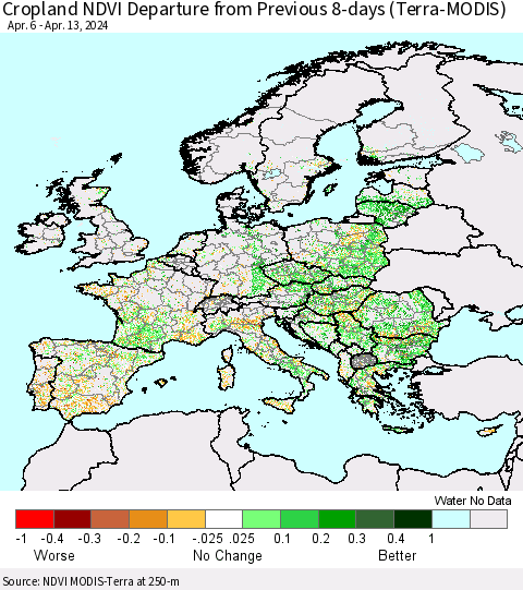 Europe Cropland NDVI Departure from Previous 8-days (Terra-MODIS) Thematic Map For 4/6/2024 - 4/13/2024