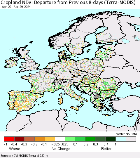 Europe Cropland NDVI Departure from Previous 8-days (Terra-MODIS) Thematic Map For 4/22/2024 - 4/29/2024