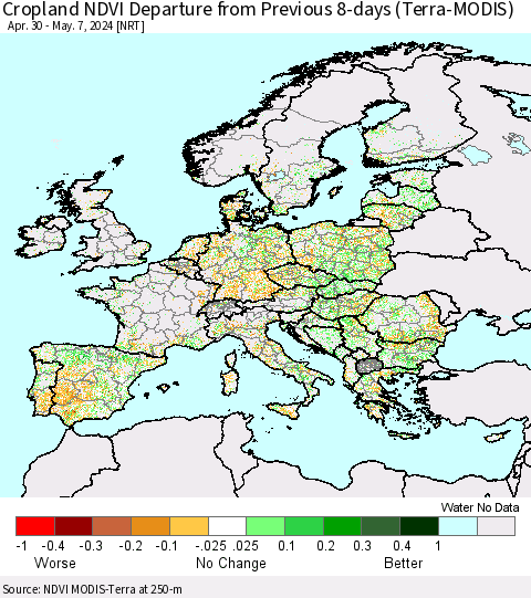 Europe Cropland NDVI Departure from Previous 8-days (Terra-MODIS) Thematic Map For 4/30/2024 - 5/7/2024