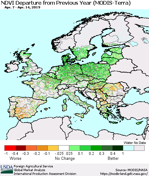 Europe NDVI Departure from Previous Year (Terra-MODIS) Thematic Map For 4/11/2019 - 4/20/2019