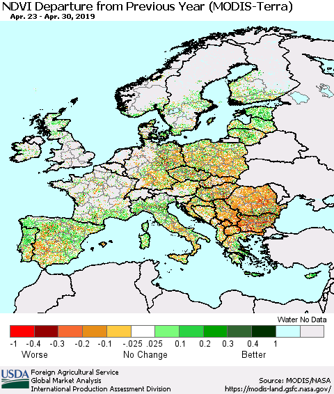 Europe NDVI Departure from Previous Year (Terra-MODIS) Thematic Map For 4/21/2019 - 4/30/2019