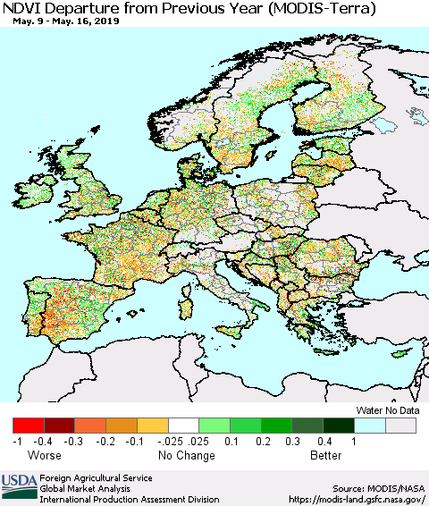 Europe NDVI Departure from Previous Year (Terra-MODIS) Thematic Map For 5/11/2019 - 5/20/2019