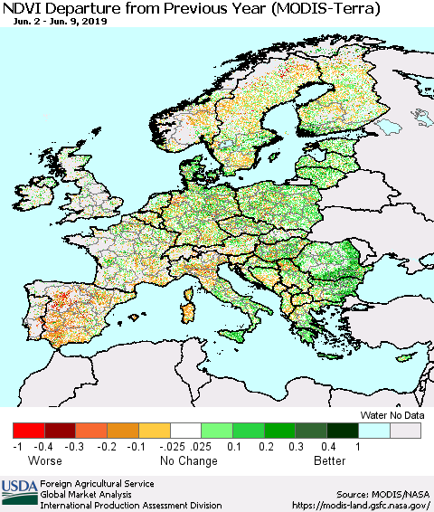 Europe NDVI Departure from Previous Year (Terra-MODIS) Thematic Map For 6/1/2019 - 6/10/2019