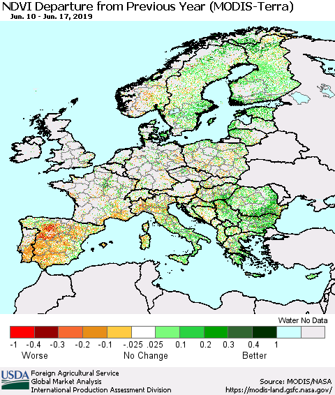 Europe NDVI Departure from Previous Year (Terra-MODIS) Thematic Map For 6/11/2019 - 6/20/2019