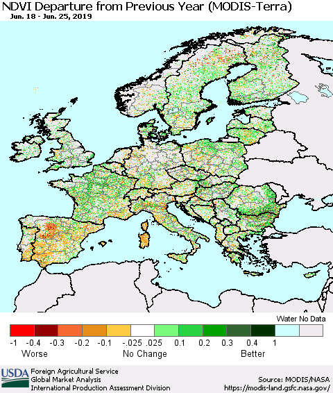 Europe NDVI Departure from Previous Year (Terra-MODIS) Thematic Map For 6/21/2019 - 6/30/2019