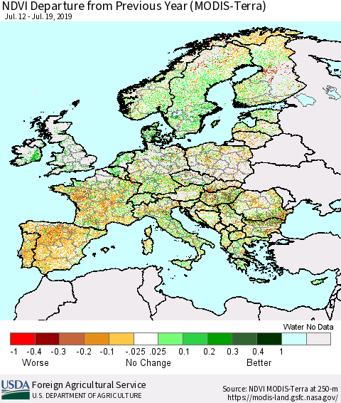 Europe NDVI Departure from Previous Year (Terra-MODIS) Thematic Map For 7/11/2019 - 7/20/2019
