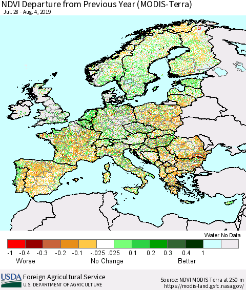 Europe NDVI Departure from Previous Year (Terra-MODIS) Thematic Map For 8/1/2019 - 8/10/2019