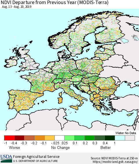 Europe NDVI Departure from Previous Year (Terra-MODIS) Thematic Map For 8/11/2019 - 8/20/2019