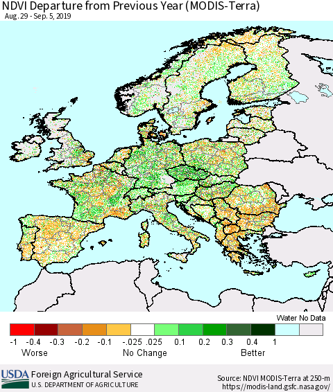 Europe NDVI Departure from Previous Year (Terra-MODIS) Thematic Map For 9/1/2019 - 9/10/2019