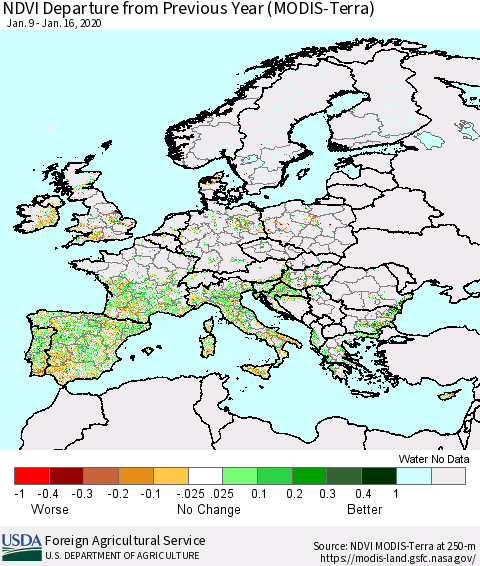 Europe NDVI Departure from Previous Year (Terra-MODIS) Thematic Map For 1/11/2020 - 1/20/2020