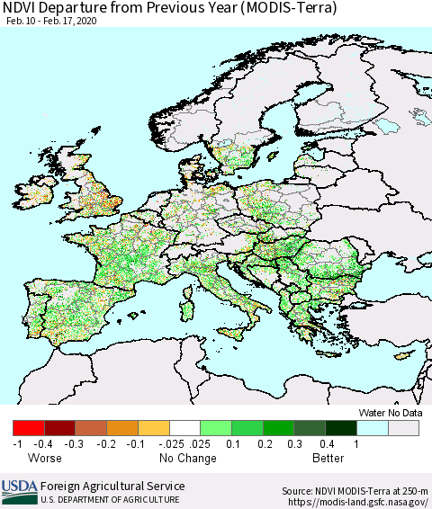 Europe NDVI Departure from Previous Year (Terra-MODIS) Thematic Map For 2/11/2020 - 2/20/2020
