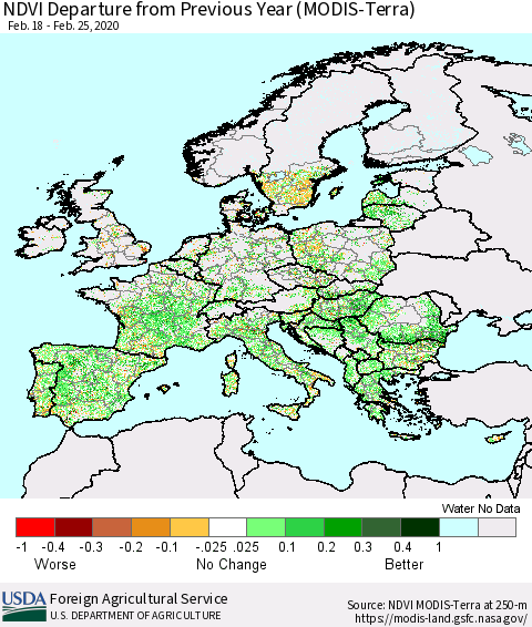 Europe NDVI Departure from Previous Year (Terra-MODIS) Thematic Map For 2/21/2020 - 2/29/2020
