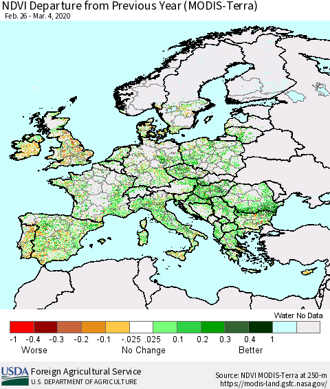 Europe NDVI Departure from Previous Year (Terra-MODIS) Thematic Map For 3/1/2020 - 3/10/2020